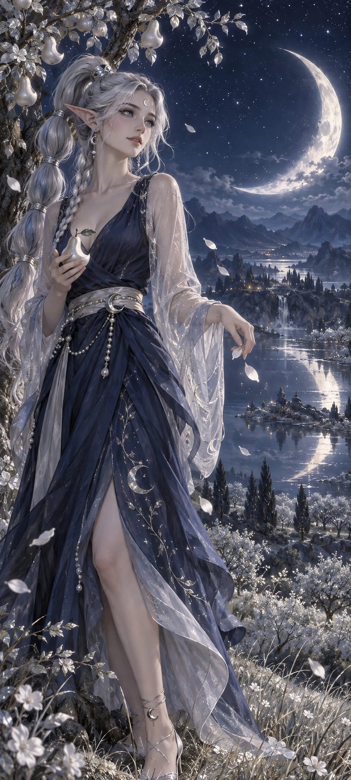 A moon elf with a segmented silver ponytail keeps a quiet vow in a moonlit pear orchard.