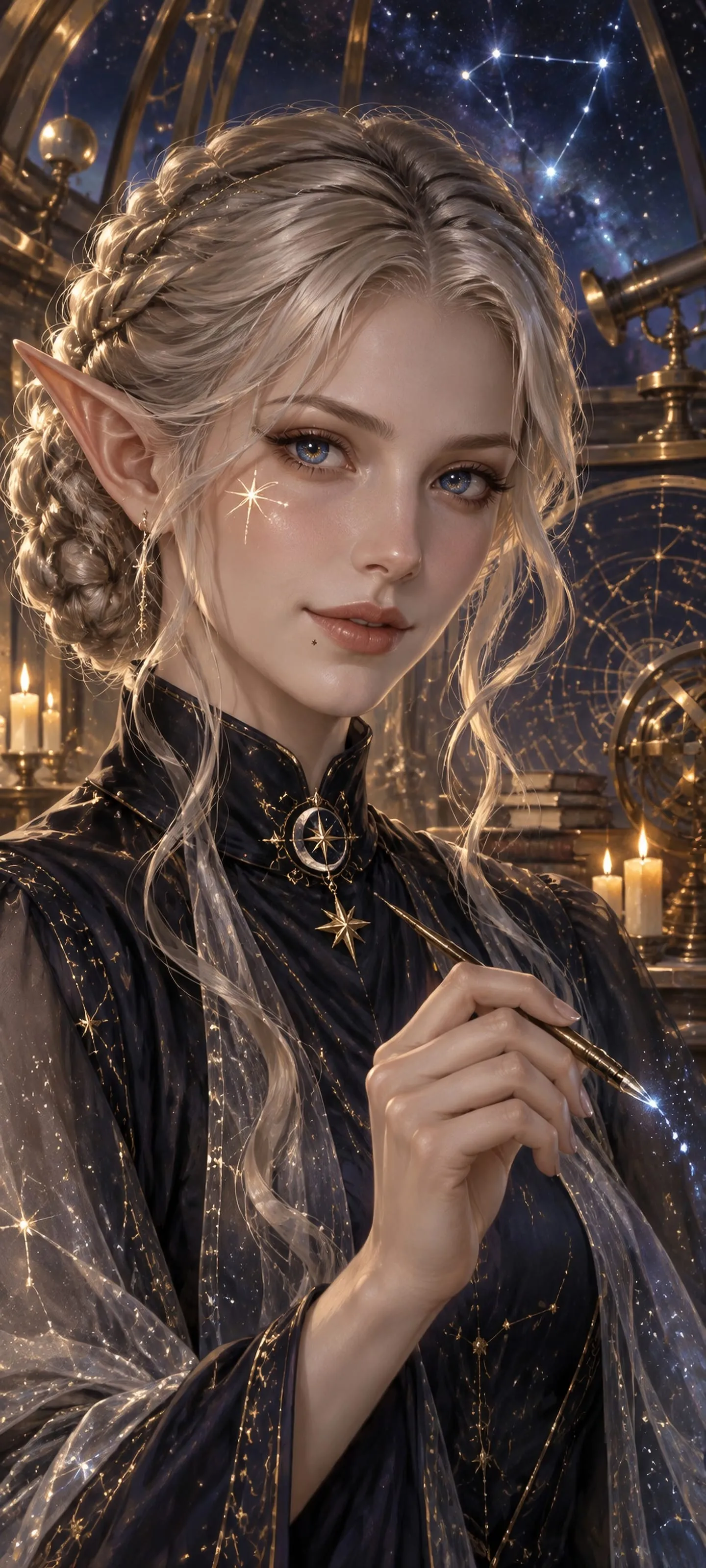 A star elf with a low braided chignon records a glowing constellation in a candlelit observatory.