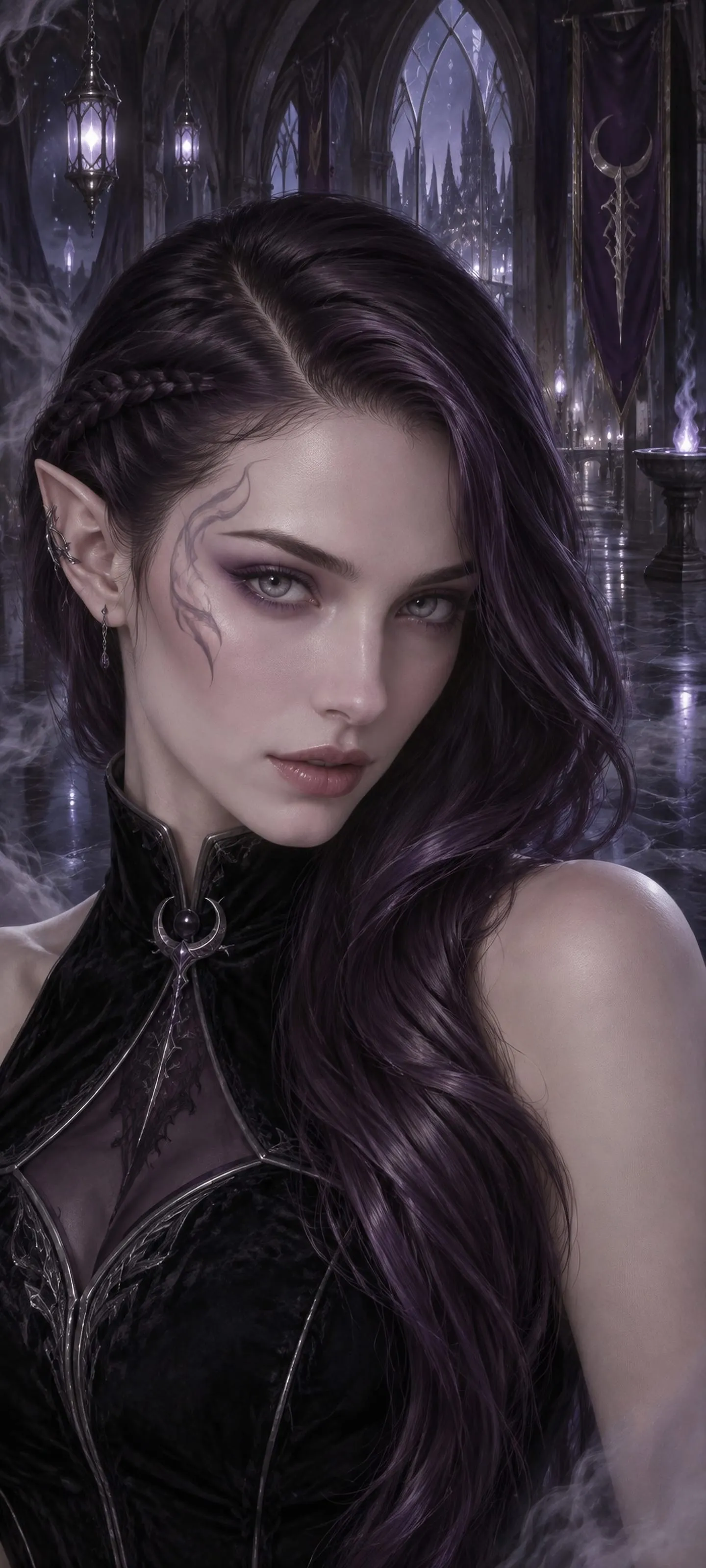 Close portrait of Selyra Vanthe, a Shadow Elf with silver-gray eyes, deep plum swept hair, one exposed pointed ear, and a smoke-like cheek mark in a moonlit hidden court.