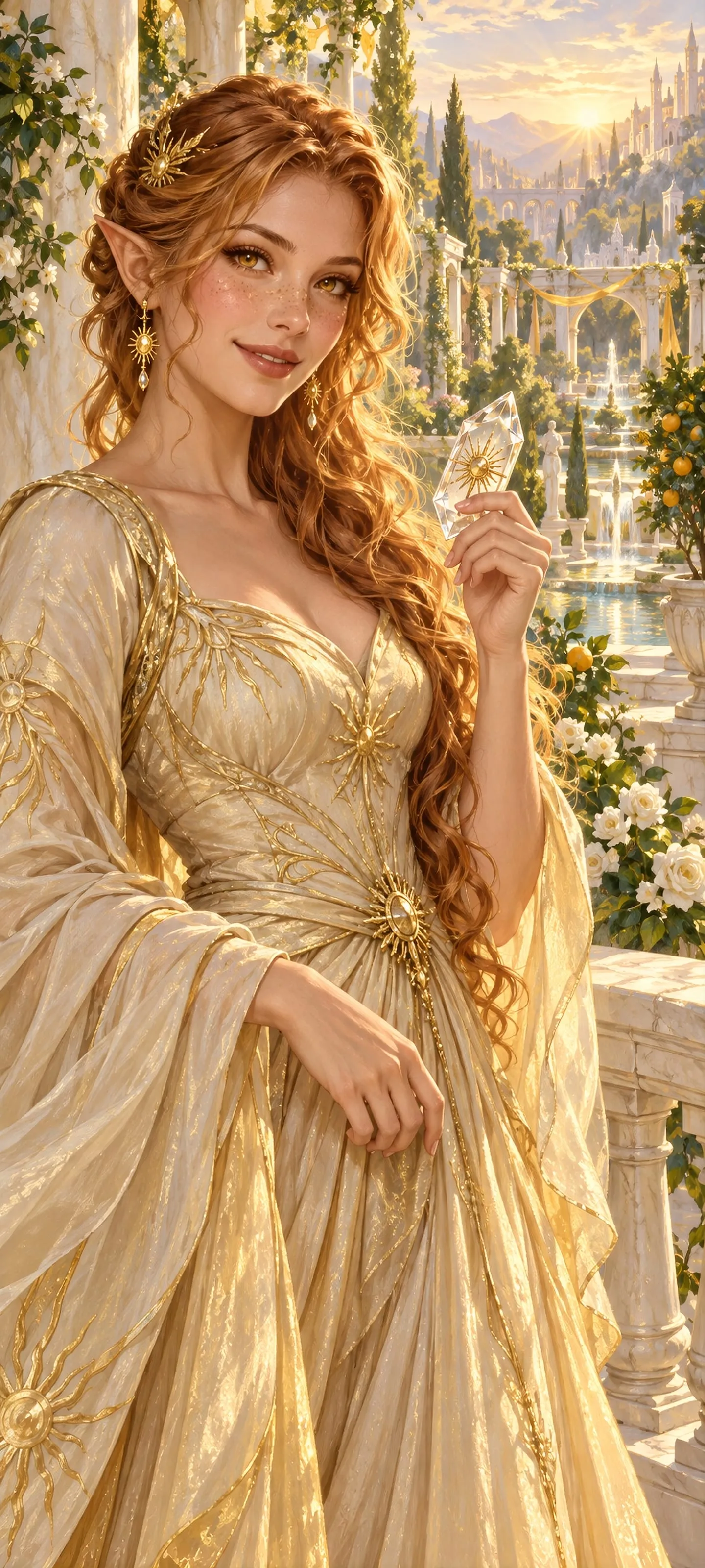 A stylish sun elf in an elegant pale-gold dress welcomes dawn in a palace garden.