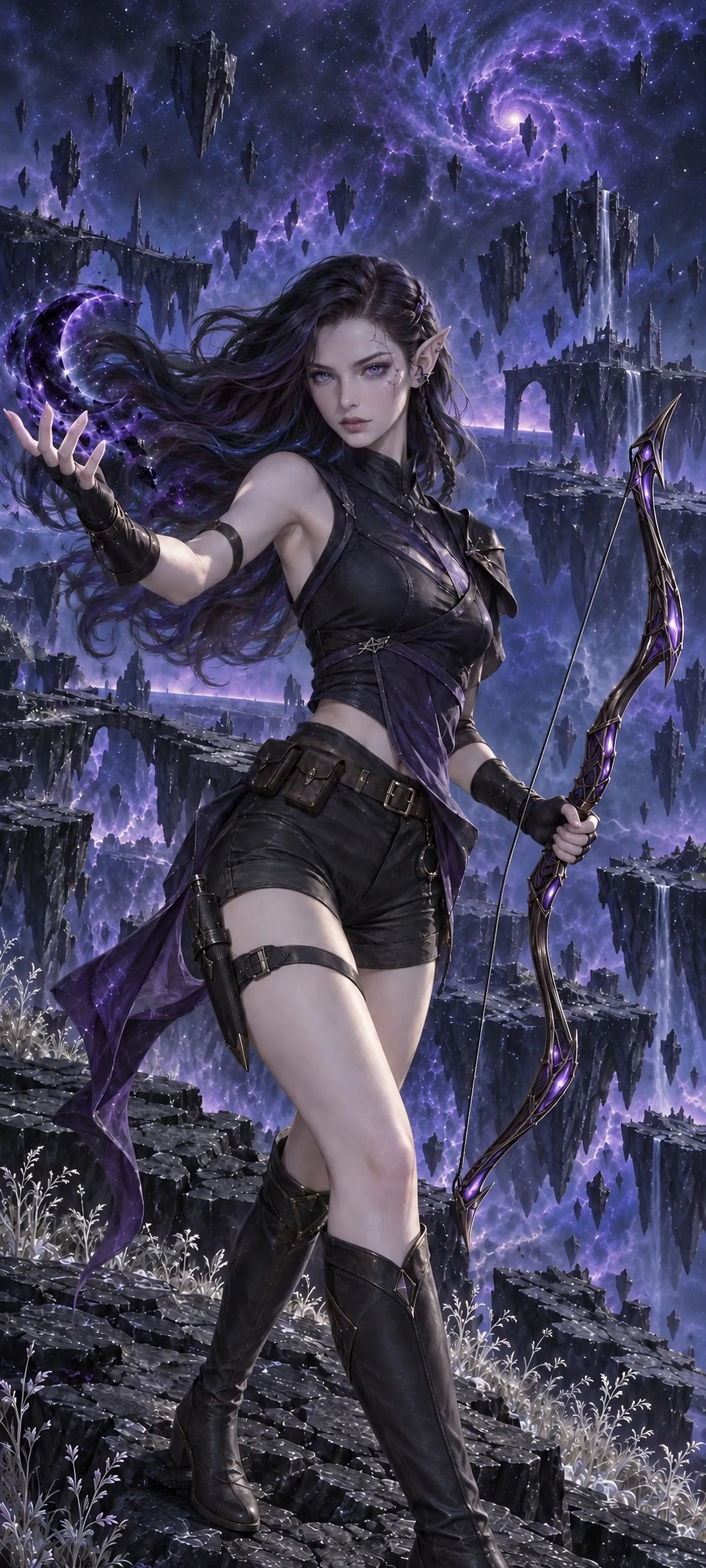 Full-body Void Elf ranger Ilyra Nox with silver-violet eyes, blue-black hair, a bow, and a violet void orb on an astral trail.