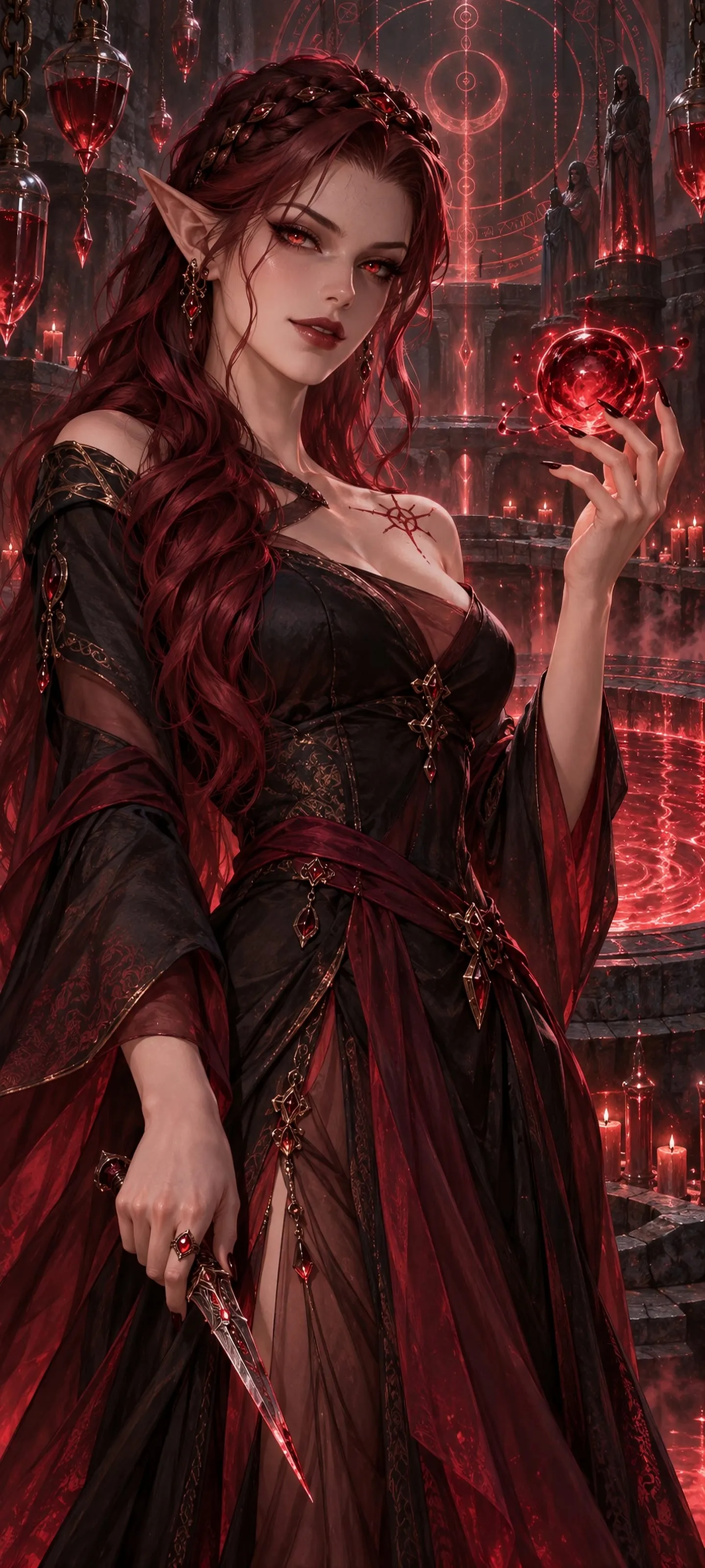 A dangerous blood elf mage shapes a crimson spell in a forbidden ritual chamber.