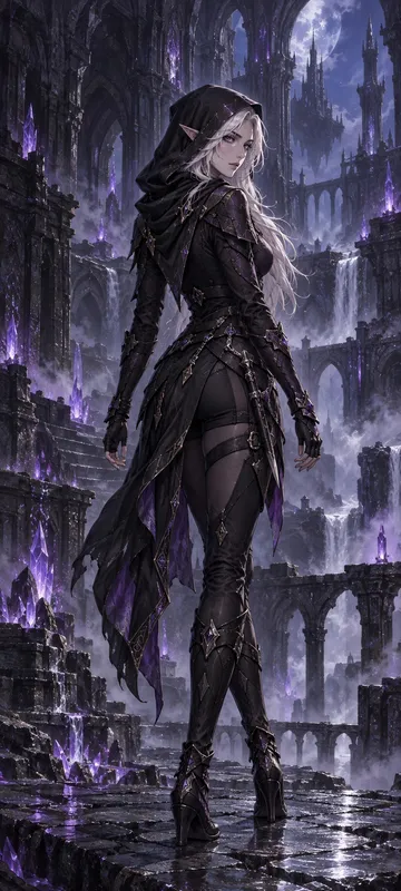 Vaessa Veyr, a pale dark elf runner with white hair, a black hood, purple accents, and a sheathed knife in a ruined violet court.