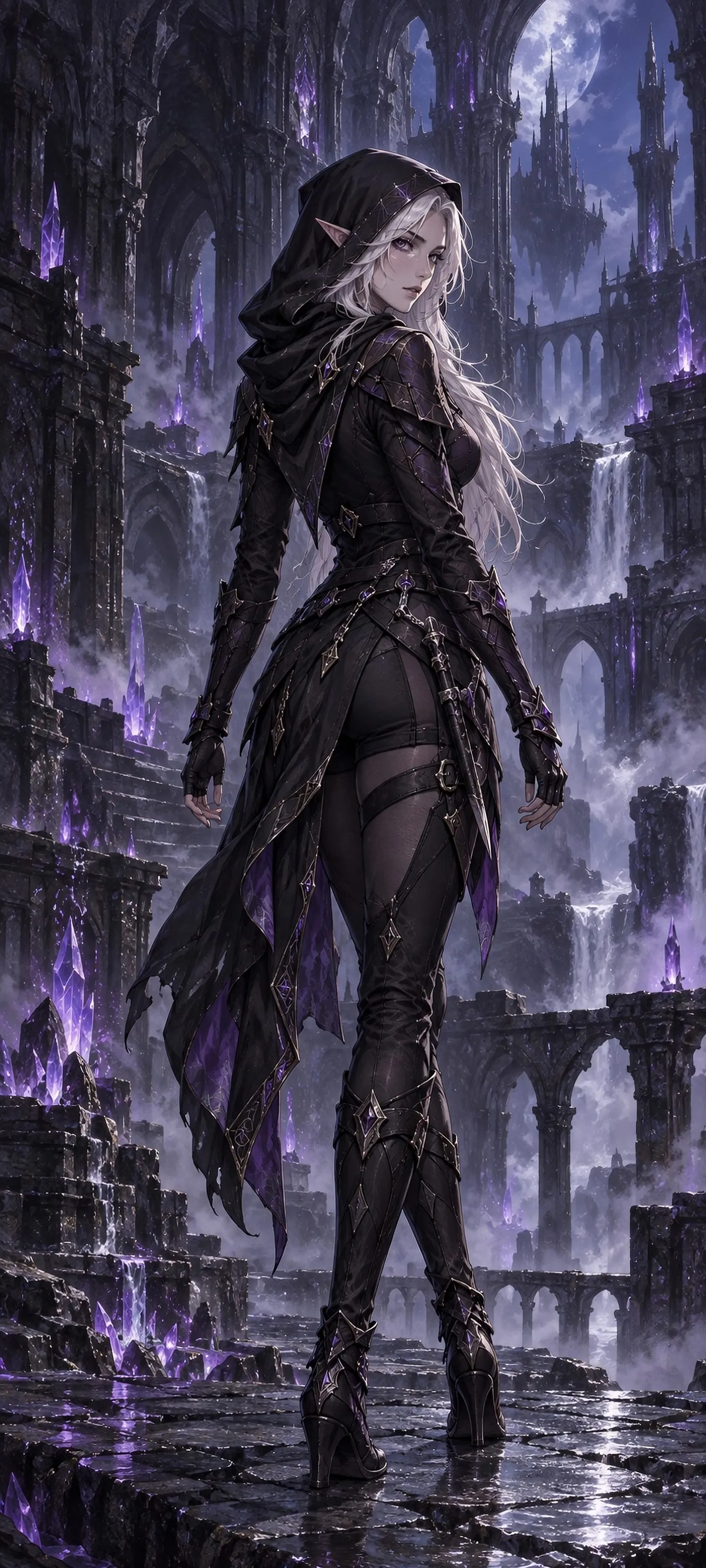 Vaessa Veyr, a pale dark elf runner with white hair, a black hood, purple accents, and a sheathed knife in a ruined violet court.