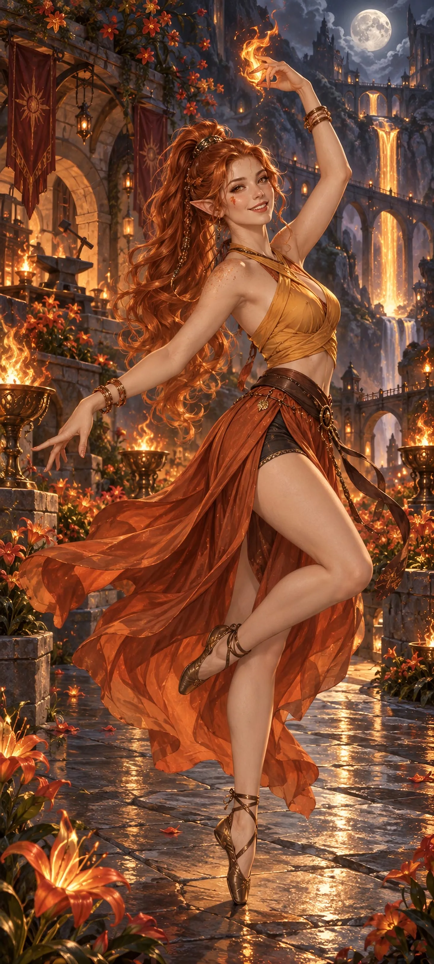 A radiant ember elf dances barefoot among fire lilies in a moonlit forge garden.