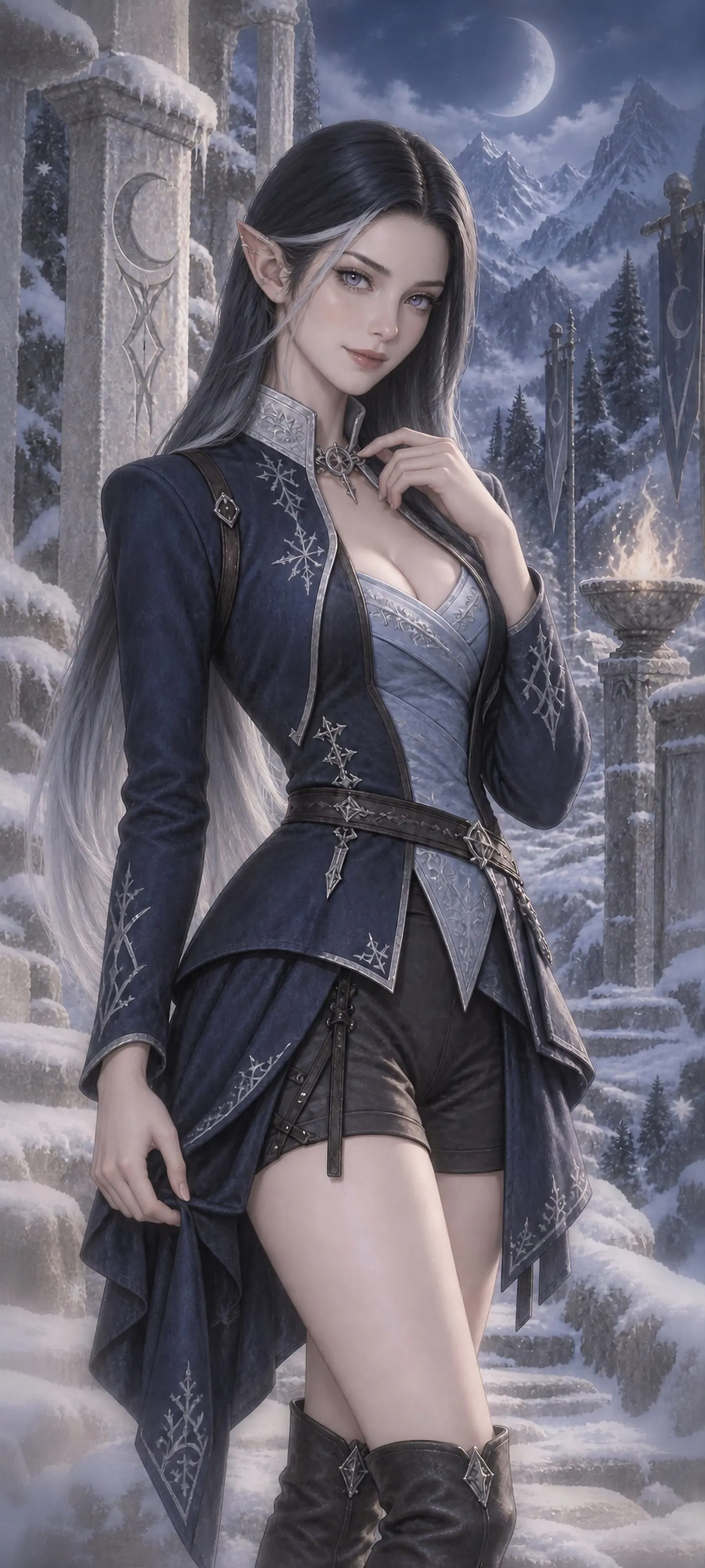 Knees-up portrait of a beautiful Frost Elf with very long straight hair and an embroidered frostland coat beside an ancient moonlit mountain shrine.