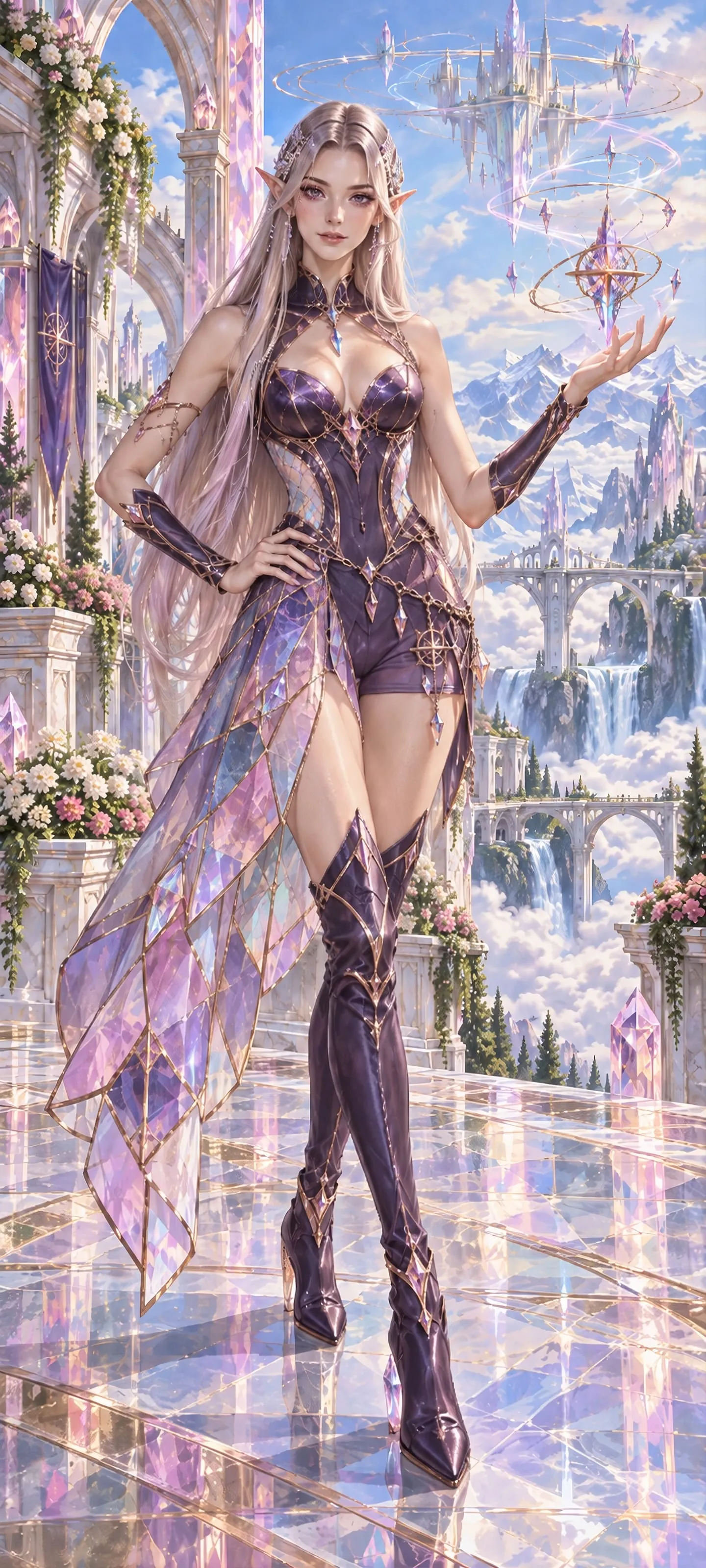 Full-body portrait of a Crystal Elf prism cartographer in asymmetric amethyst and stained-glass couture above luminous clouds.