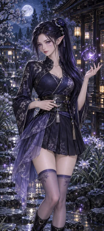 Knees-up portrait of a Night Elf oracle in indigo Japanese-inspired couture beneath a moonlit garden pavilion.