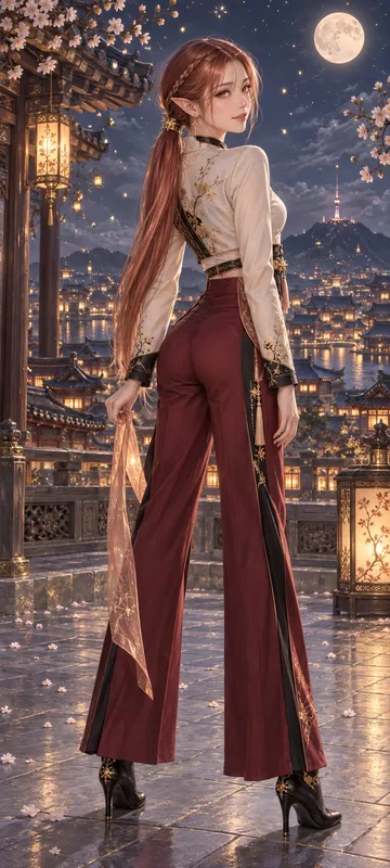 Full-body rear three-quarter portrait of a warm-toned Star Elf looking back in South Korean-inspired garnet high-waisted tailored couture.