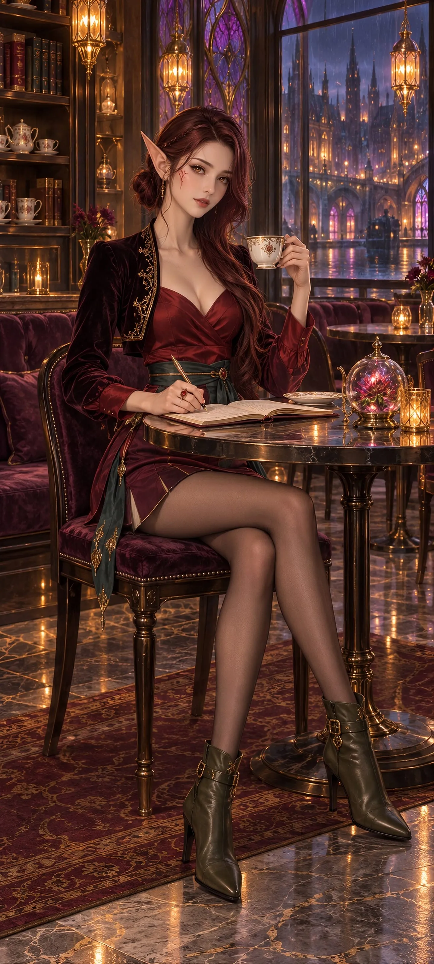 Full-body portrait of a Blood Elf tea scholar in a crimson-and-gold skirt outfit seated at a purple-lit café table.