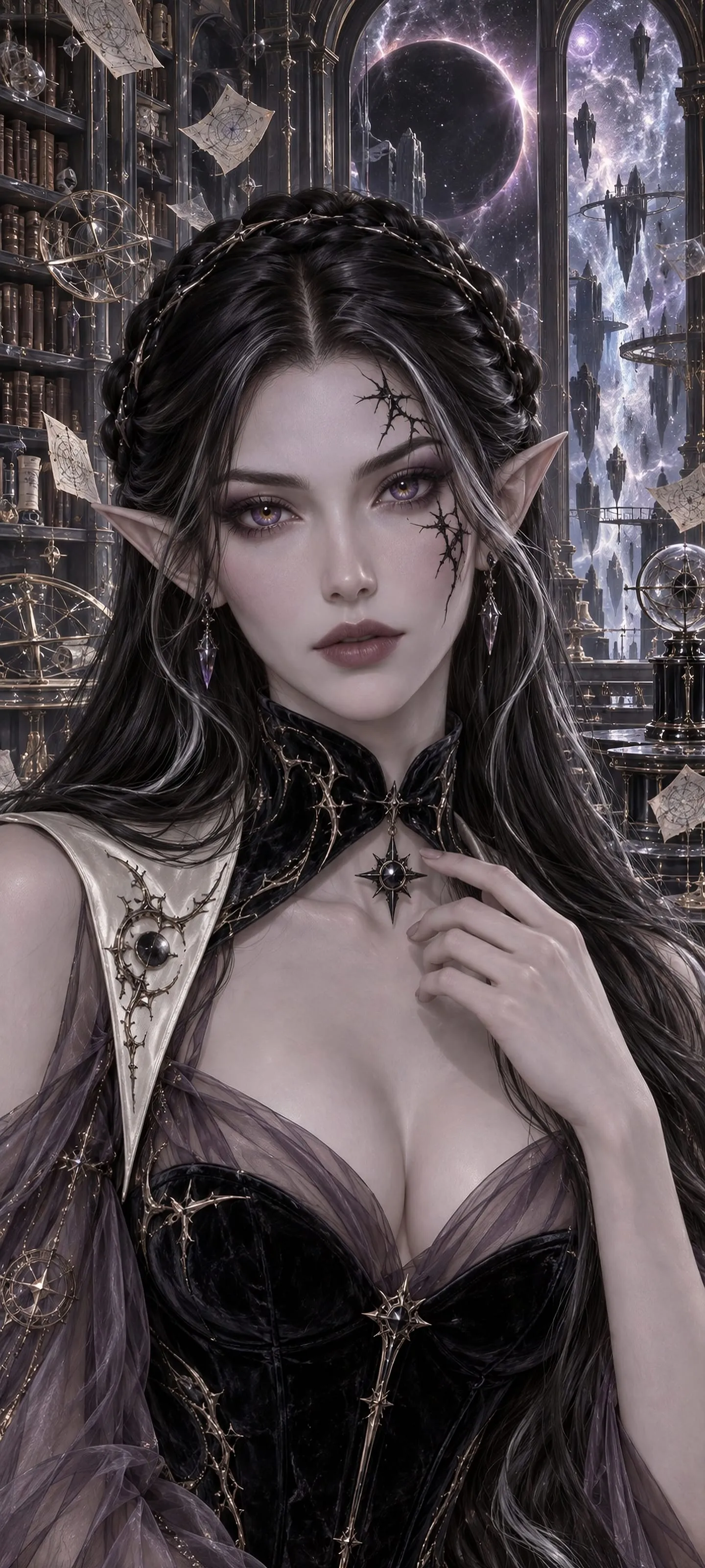 Close portrait of a Void Elf with split-color eyes, a living thorn eclipse mark, and a sculptural black editorial bodice in an impossible observatory archive.