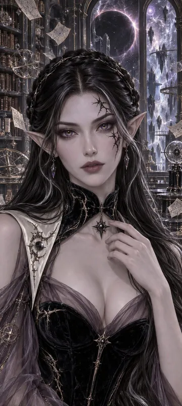 Close portrait of a Void Elf with split-color eyes, a living thorn eclipse mark, and a sculptural black editorial bodice in an impossible observatory archive.